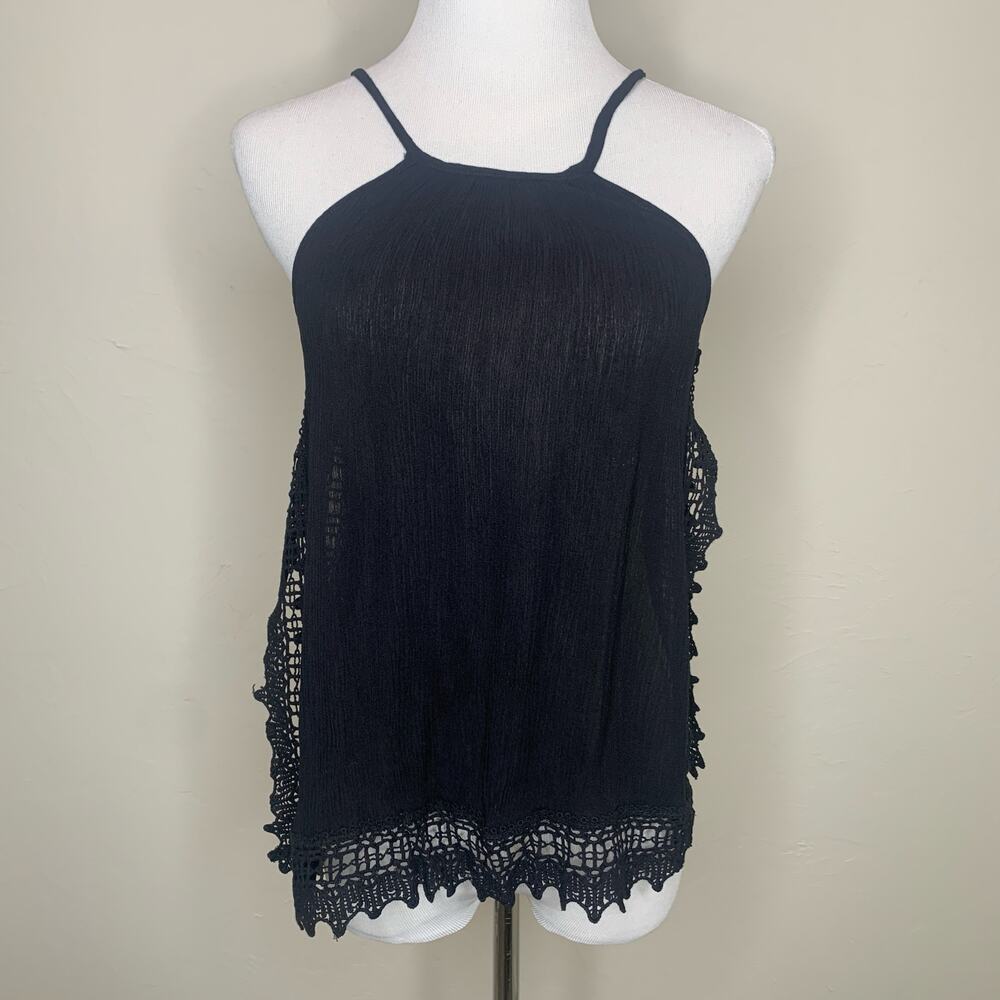 Black Crinkle Tank Top Crochet Trim XS